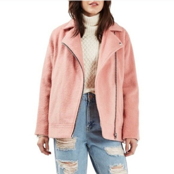 Topshop Wool Moto Jacket Pink Blend Winter Coat 10 - Picture 1 of 13